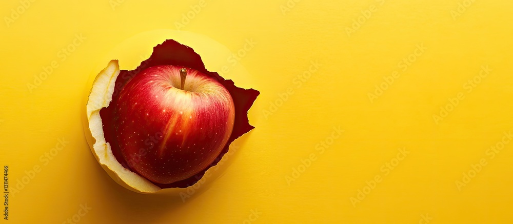 Poster Vibrant red apple partially visible through torn yellow paper with green highlights emphasizing fruit's health benefits on a bright yellow background