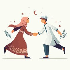 A minimalist flat design of two friends exchanging Eid greetings with a handshake, wearing traditional clothes, with soft shadows on a white background