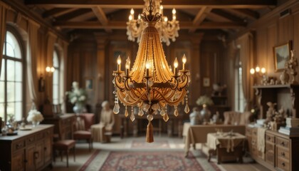 Obraz premium Elegant Crystal Chandelier in Luxurious Vintage Interior Room