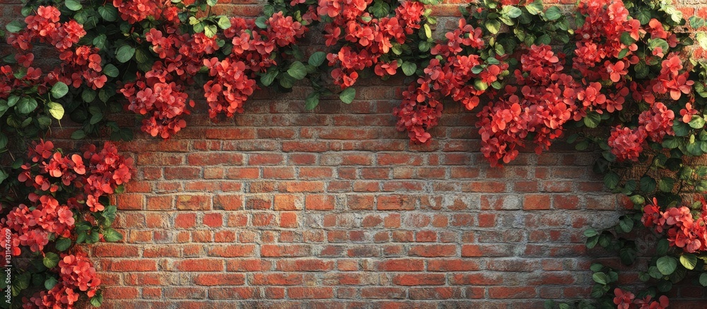Poster red flower vines gracefully drape over a textured brick wall creating a vibrant contrast with green 