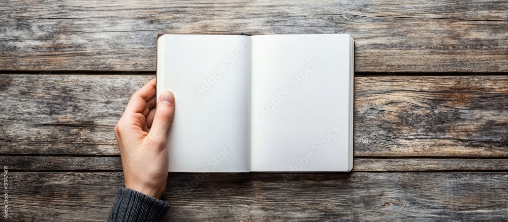 Poster a human hand holding an open blank business notebook on a rustic wooden table background with warm b