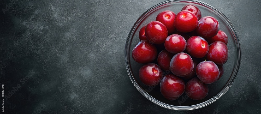Poster Fresh cherry plums in a clear glass bowl atop a textured dark background with ample copyspace on the right side for text insertion