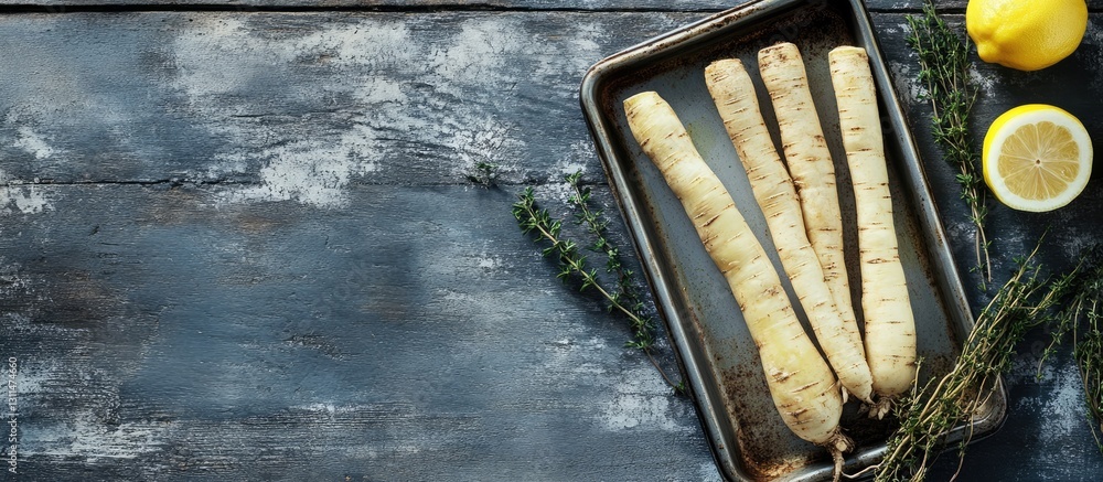 Poster Uncooked salsify roots with thyme and lemon on a baking tray on a grey wooden table with ample space for text on the left side