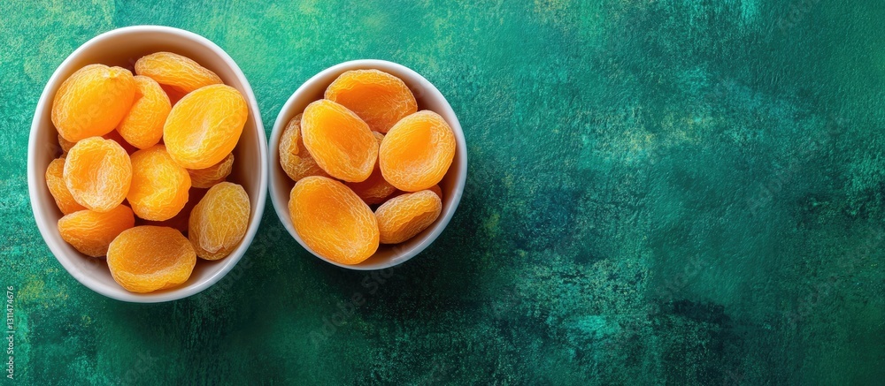 Poster Bowls of bright orange dried apricots on a textured green background with ample copy space on the right for text or branding options