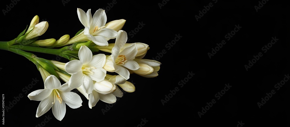 Aufkleber tuberose flower cluster in white with green stems on right, buds on left, set against a solid black 