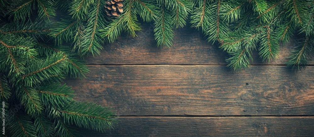 Aufkleber Fluffy green pine branches frame a rustic wooden table with a pine cone in the upper left corner creating winter holiday copy space.