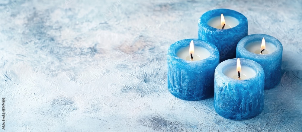Aufkleber blue candles with flickering flames arranged in a cluster on a soft textured white background featur