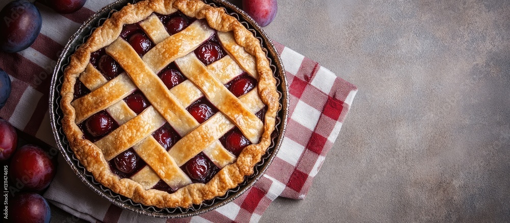 Poster unbaked plum pie with a lattice crust in a dark metal mold on a crumpled red and white checked napki