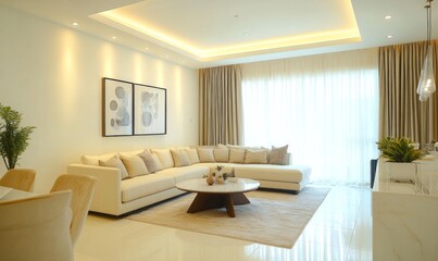 Fototapeta premium Modern living room with L-shaped sofa, large windows, and neutral decor.
