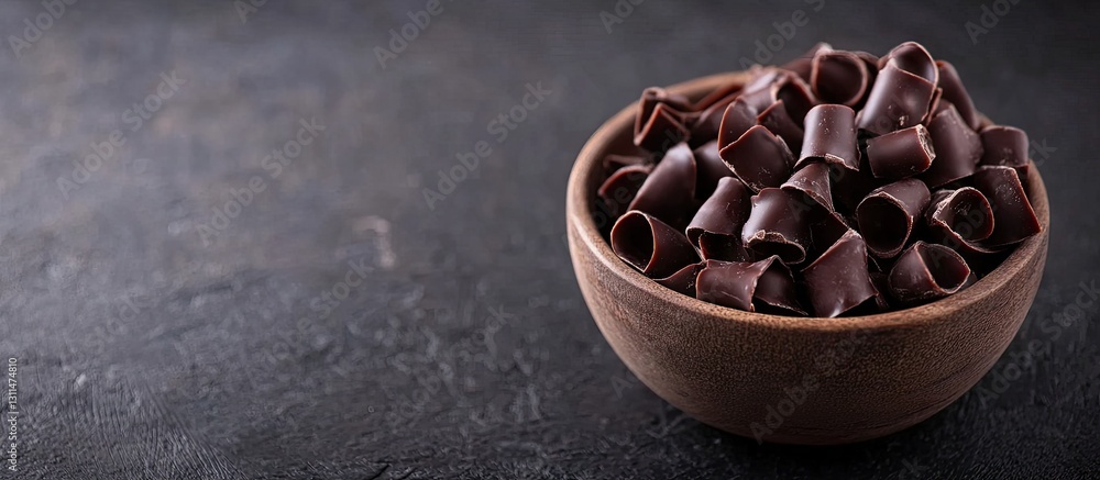 Poster Bowl of dark chocolate curls positioned on the right against a textured black background with ample space for text on the left side