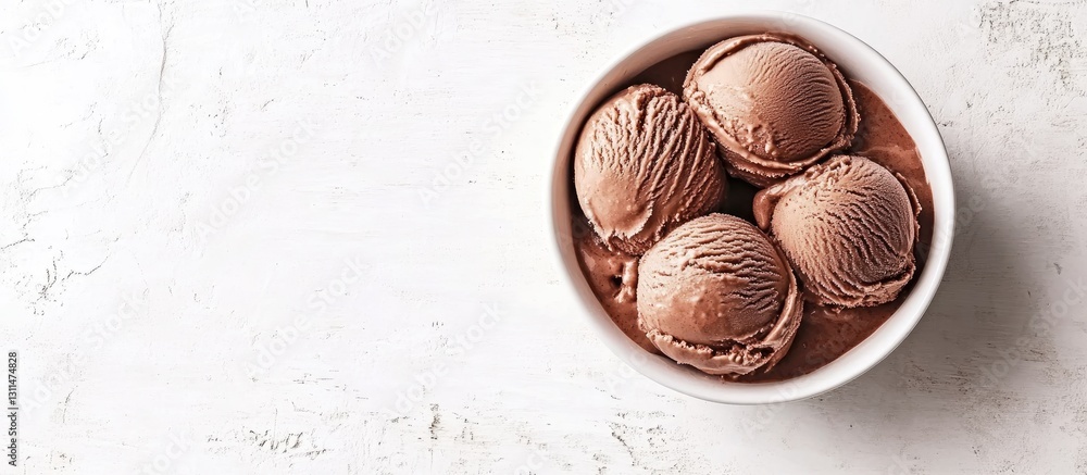 Poster Chocolate ice cream scoop in a white bowl with four scoops on a textured white rustic table featuring ample copy space on the right