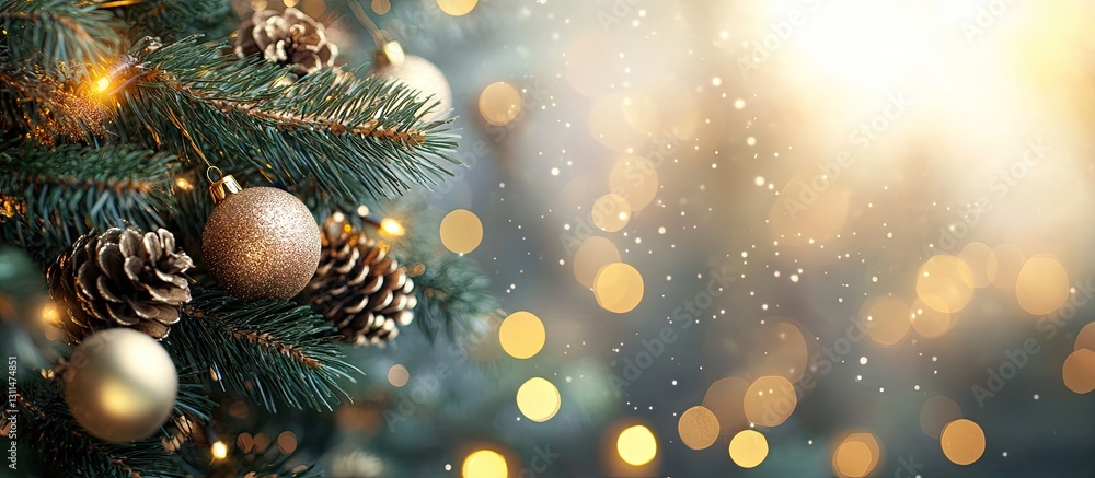 Poster holiday backdrop featuring green pine branches with ornaments and pinecones on the left, shimmering 