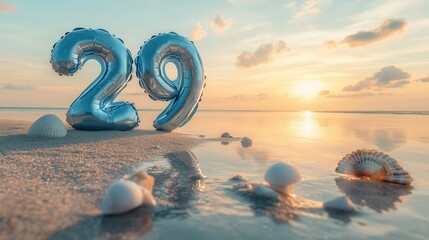 Silver 29 Balloon on a Beach at Sunset With Seashells