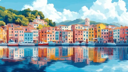 Obraz premium Colorful mediterranean village with vibrant buildings and boats reflected in water