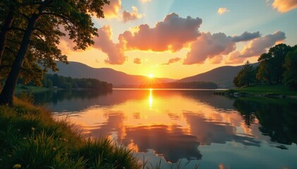 Obraz premium Golden sunset paints tranquil lake, lush greenery reflects vibrant sky , premium, serene