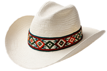 A stylish straw hat with colorful decorative band for summer wear.