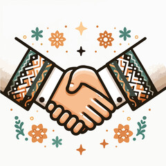 A simple yet heartwarming flat design of two hands meeting in a handshake, with subtle festive elements like ketupat and crescent moon near the wrists, all set against a white background