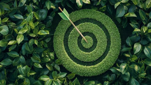 Green dart target arrow mark made from leaves on green field. Goals in green transformation. Targets set for green and sustainable energy. Environmental awareness and business ethics policy. Video.