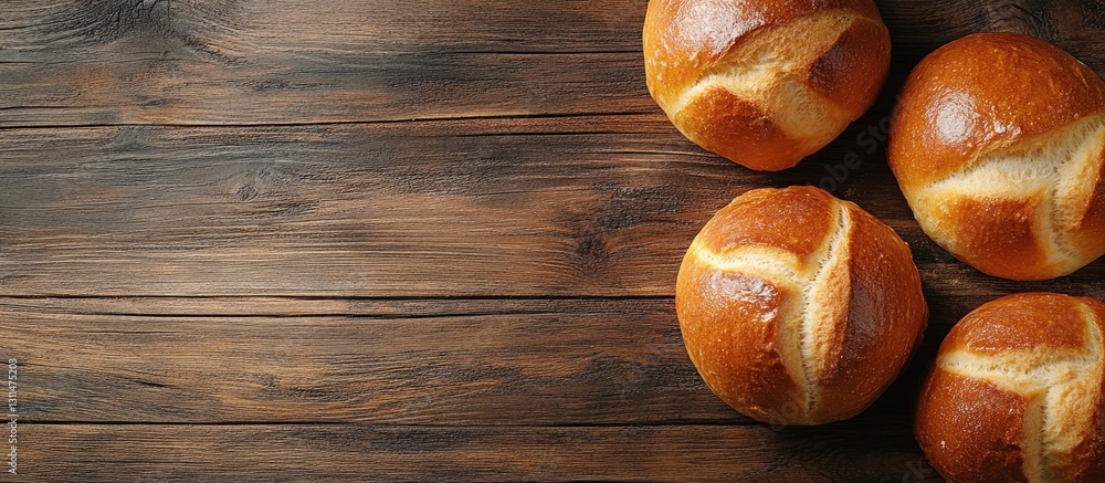Poster freshly baked golden-brown buns arranged on a rustic wooden surface with a spacious blank area on th
