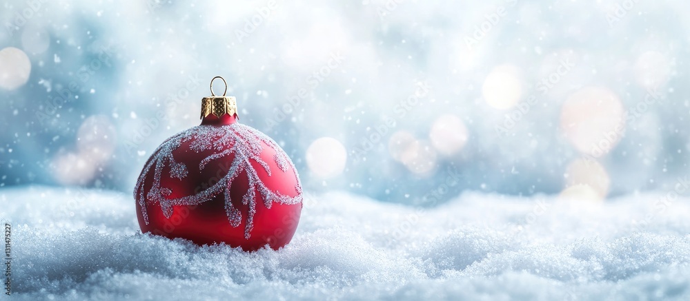 Poster Red Christmas ornament with intricate white frost patterns resting on soft white snow in a softly blurred winter background with glowing bokeh.