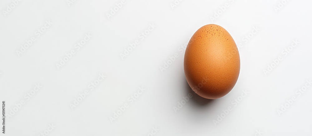Poster brown chicken egg positioned on the left of a bright white background with ample copyspace on the ri