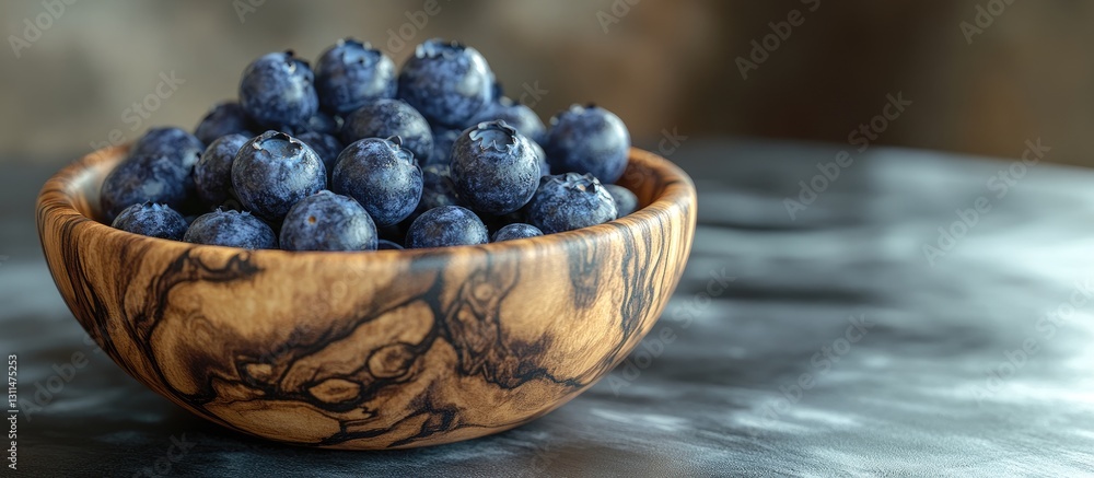 Poster close up of fresh blueberries piled in a textured olive wood bowl positioned on a dark surface with 