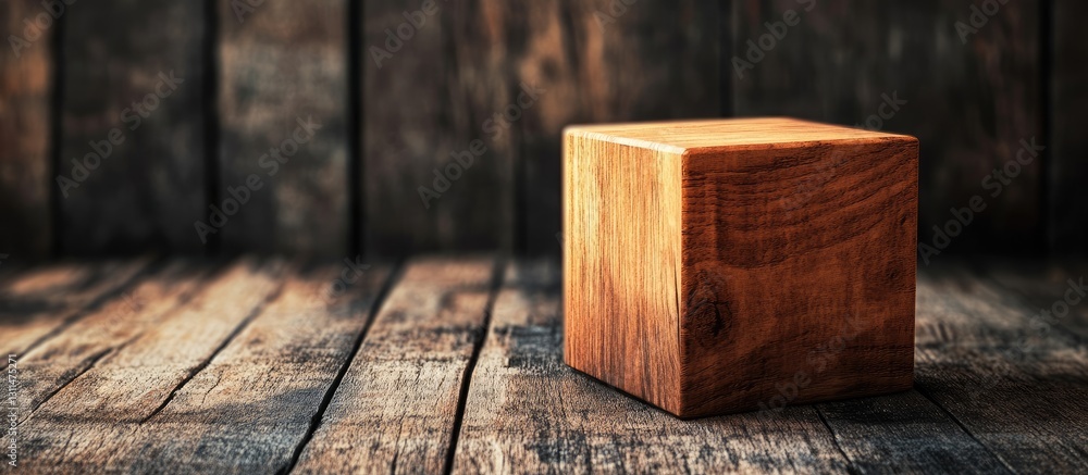 Fototapete Wooden cube placed on rustic dark wooden surface illuminated by soft light with ample copyspace for text on textured background