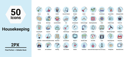 housekeeping icons set such as, broom,cleaning,clean,brush,cleaner,broomstick,halloween,housekeeping,mop,witch,sweeping, vector stock illustration