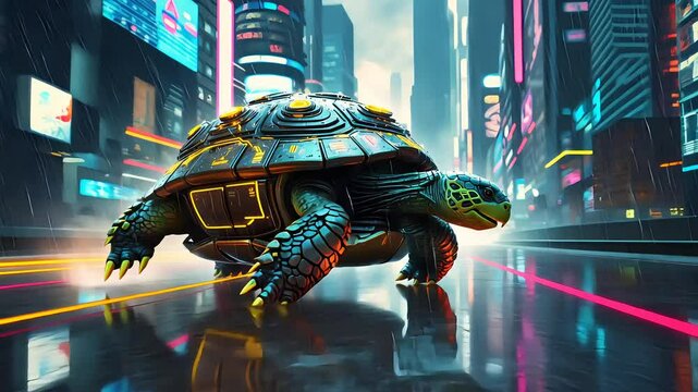 Cybernetic armored turtle walking through neon-lit futuristic city streets in digital sci-fi concept art
