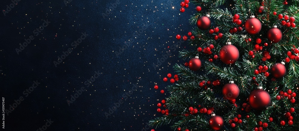 Poster Christmas tree with red ornaments on the right against a dark blue background with falling snowflakes and ample space for text on the left