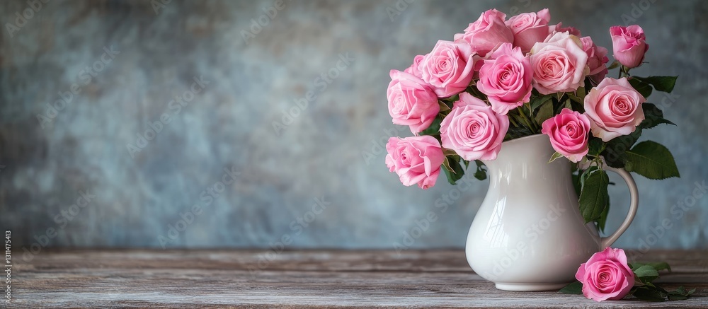 Poster fresh pink roses arranged in a white jug on a rustic wooden table with a vintage teal background sho