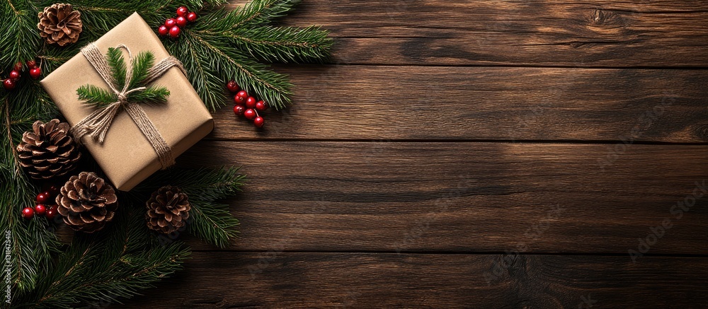 Poster top view of a gift box surrounded by pine branches red berries and pine cones on dark wooden backgro