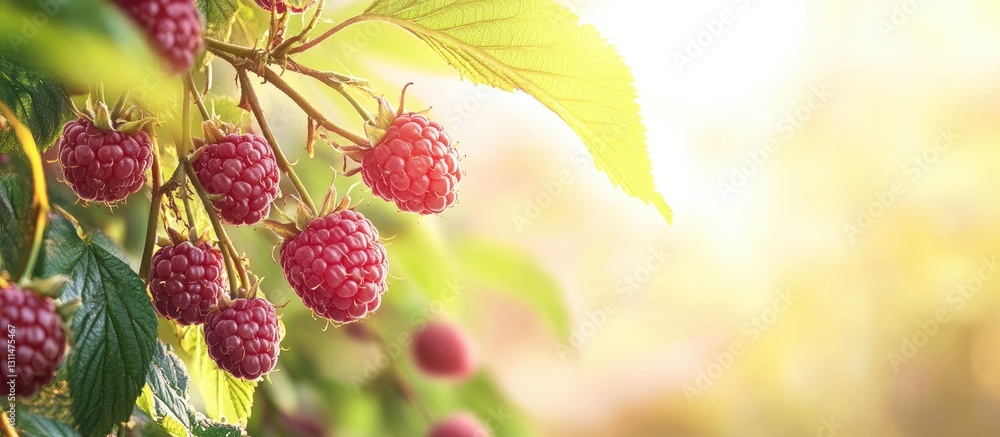 Leinwandbilder close up of ripe red raspberries hanging on a green bush illuminated by soft sunlight with a blurred