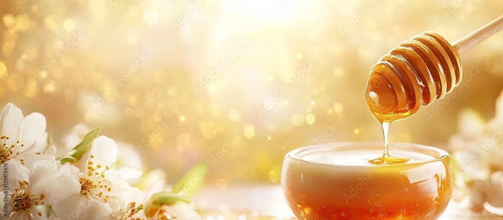 Poster honey dripping from a wooden dipper into a glass bowl on a bright golden background with soft white 