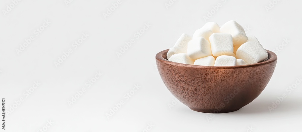 Poster bowl of soft white marshmallows positioned to the right with a brown wooden texture on a clean white