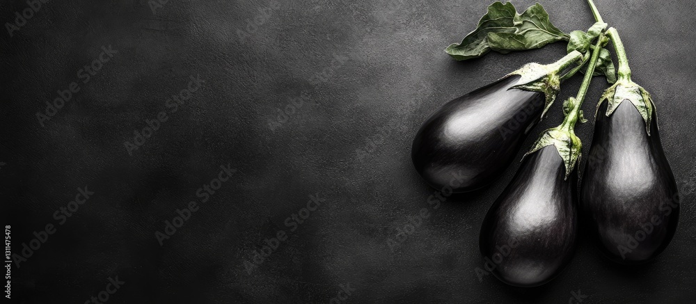 Poster Fresh glossy eggplants with green leaves on a dark textured background creating ample space for text on the right side of the image