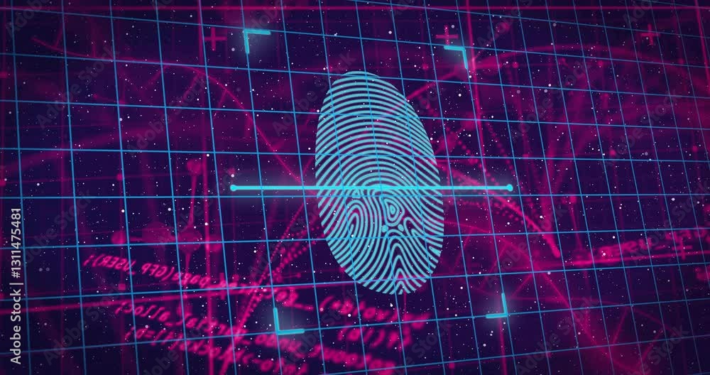 Poster Fingerprint scanning animation over digital grid with binary code and data