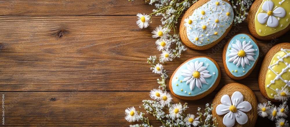 Poster colorful easter gingerbread cookies arranged on a wooden table surrounded by white daisies with a na