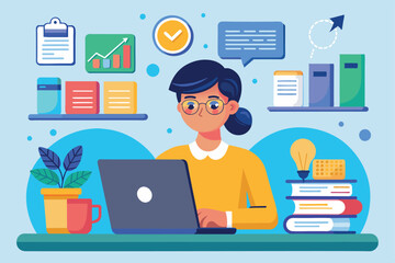 A focused individual is engaged with their laptop while various organizational elements surround them, Providing material online
