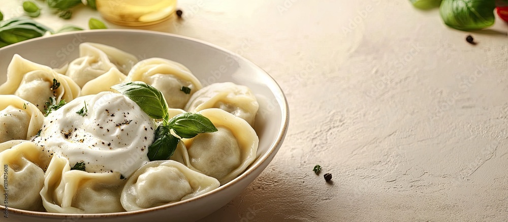 Poster boiled dumplings served in a white bowl with sour cream and fresh basil on a beige background featur