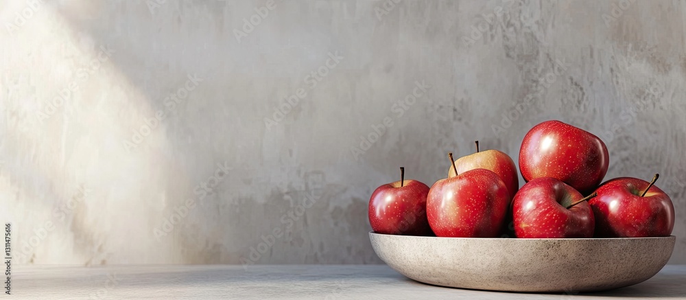 Poster red apples in a wooden bowl on a kitchen countertop with a textured grey wall in the background high