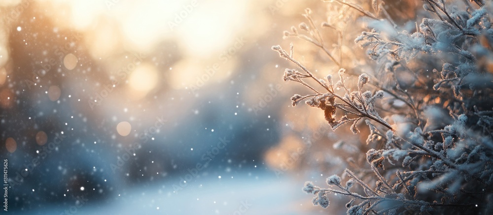 Poster snow-covered branches in soft focus with a warm golden sunlight glow, creating a serene winter atmos