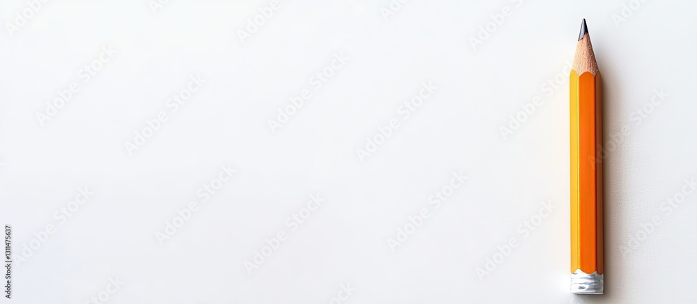 Poster Orange pencil positioned on the right side of a clean white notebook background with ample copy space for text or images on the left side
