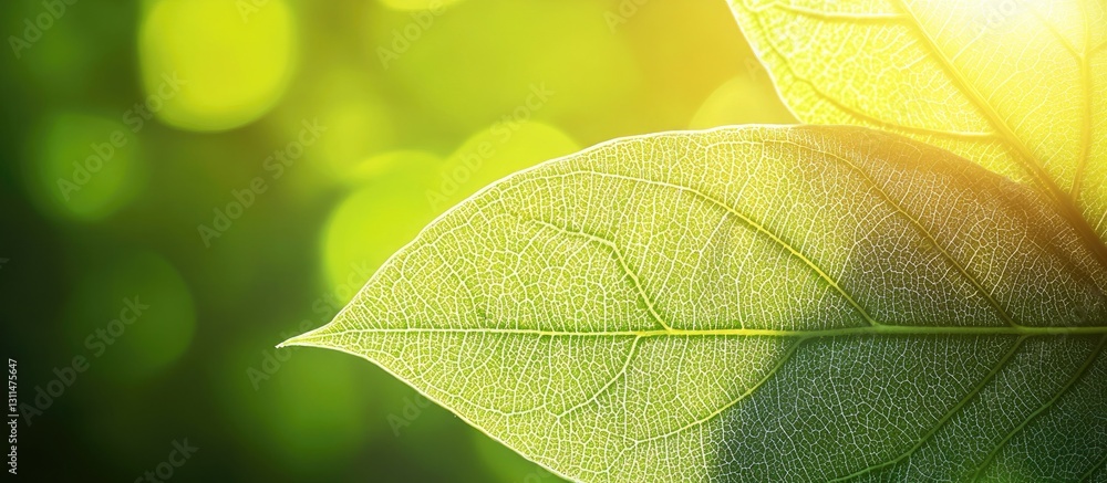 Aufkleber close up of vibrant green leaves illuminated by sunlight showing intricate textures against a blurre