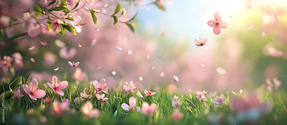 Poster Blossoming pink flowers in a vibrant green meadow with soft sunlight illuminating the scene creating a serene spring atmosphere with ample text space