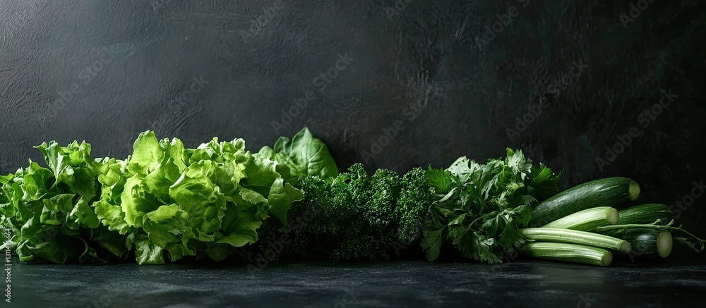 Poster fresh green vegetables including lettuce, kale, and cucumbers arranged horizontally on a dark textur