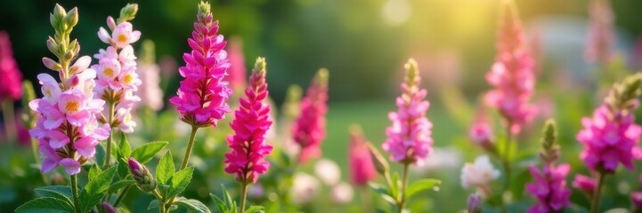 Pink & white Verbascum blossoms amidst summer roses & salvia , macro, sunlight, bright