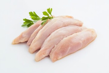 Raw chicken breast fillets and green herb on a white background