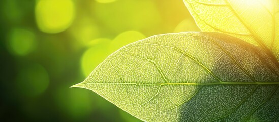 Obraz premium Close up of vibrant green leaves illuminated by sunlight showing intricate textures against a blurred natural background with ample copyspace