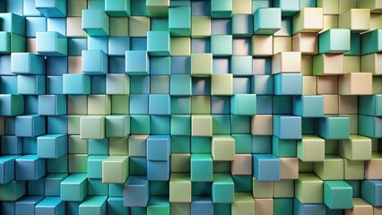 Abstract Cubic Structure in Varied Pastel Shades Featuring a Complex Arrangement of Blocks in a Three-Dimensional Grid Pattern